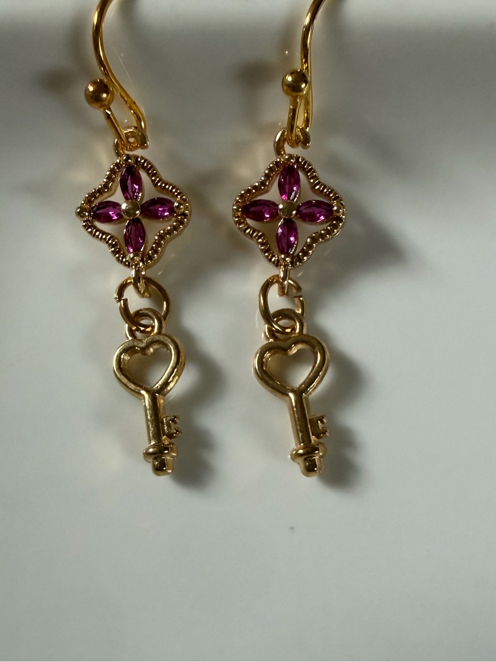 Gold-Tone Key Drop Earrings with Purple/Pink Gem Accents
